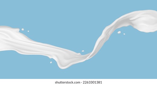 Milk or yogurt splash flow isolated on blue background. Vector realistic illustration.