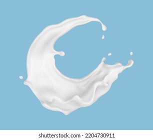 Milk or yogurt splash isolated on blue background. Natural dairy product, yogurt or cream with flying drops. Realistic vector illustration