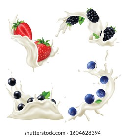 Milk yogurt splash realistic set with berries isolated vector illustration