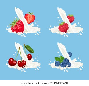 Leche o yogur salpicado de fresa, frambuesa, arándano y cereza. Ilustración vectorial del postre lechero de frutillas. Caricatura de estilo plano.