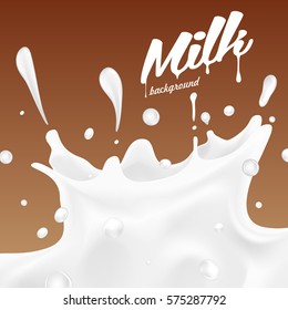 Milk or yogurt splash vector on chocolate background realistic illustration