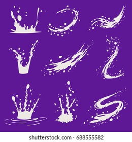 Milk or yogurt splashes, waves, drops and pouring out. Set of cartoon vector icons and design elements isolated on background.