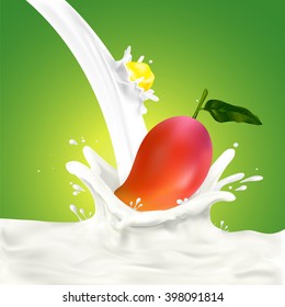 Milk, yogurt splashing and Mango vector concept