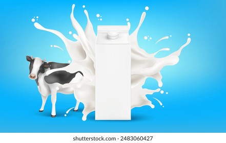 Milk or Yogurt splashing with packaging mock up isolated on solid color background. Vector in 3D illustrations. Food and drink concept.