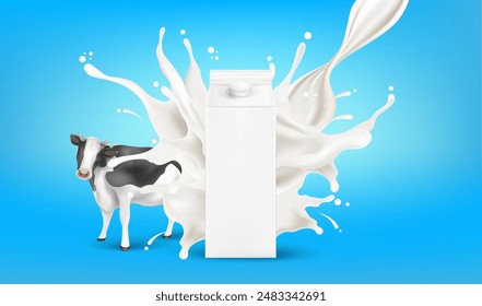 Milk or Yogurt splashing with packaging mock up isolated on solid color background. Vector in 3D illustrations. Food and drink concept.