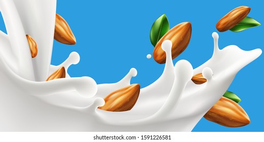 Milk or yogurt swirl with almond beans on blue background, three dimentional vector milk splashing realistic illustration ready  for ads, labels and packaging desing uses