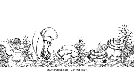 Milk-cap russula suillus larch bolete slippery jack mushrooms, snail on cap, horsetail plant on bark with moss lichen growth. Seamless banner header hand drawn in vector ink. Autumn forest floor scene