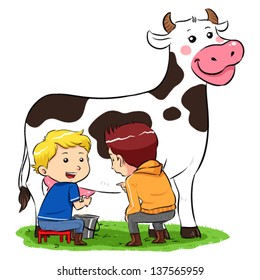 Milking A Cow Children Milking A Cow In Ranch Farm. Vector EPS8 File.