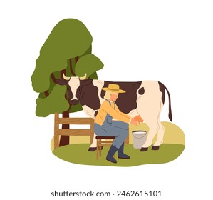 Milking cow. Milkmaid working with udder and bucket at farm. Dairy farmer, country milker. Rural outdoor scene. Countryside worker. Flat graphic vector illustration isolated on white background