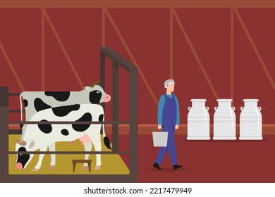Milking of cows in cowshed 2d vector illustration concept for banner, website, illustration, landing page, flyer, etc.