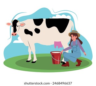 milkmaid with a bucket of milk pats a cow. vector illustration