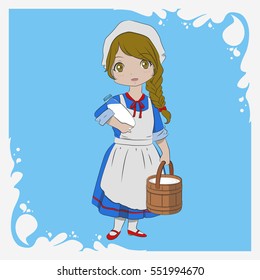 A Milkmaid Carrying A Wooden Pail Of Milk And A Bottle Of Milk Illustration. Milk Splash Border