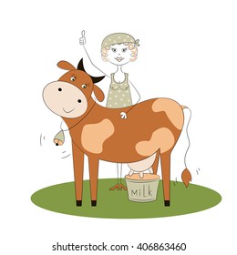 Milkmaid and cow milk advertise local production - vector