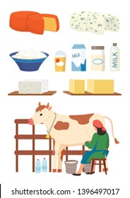 Milkmaid and dairy products set vector, isolated woman with cow, cottage cheese and milk in packages and bottles, productions for sale flat style
