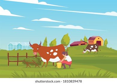 Milkmaid farmer flat composition with outdoor landscape farm buildings and grazing cows with dairy woman character vector illustration