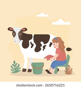 Milkmaid, farmer girl milking cow. Cute kid doing agricultural work. Rural country scene. Adorable child with cute animal. Funny farm with cartoon characters. flat vector illustration