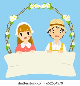 Milkmaid And Farmer Holding A Blank Banner Sheet, With Floral Wreath Background