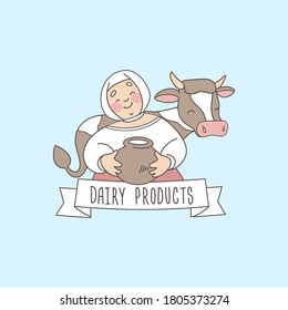 Milkmaid, farmer with a jug of milk and a cow, logo, design element of dairy products.