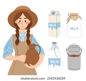 Milkmaid. Girl with clay pot. Milk in glass bottle, cardboard box, metal bidon and plastic bottle. Set of flat vector illustration on white background.