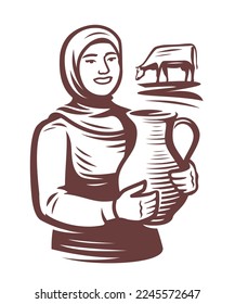 Milkmaid holding jug of fresh milk, near grazing cow. Creamery, dairy farm emblem or logo. Food and drink concept vector