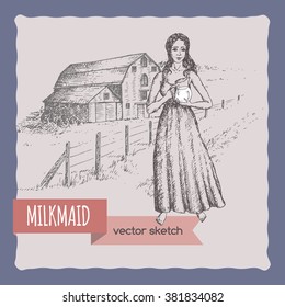 Milkmaid holding milk pitcher and farm landscape hand drawn vector sketch. Great for farmer product and travel ads, brochures, labels.