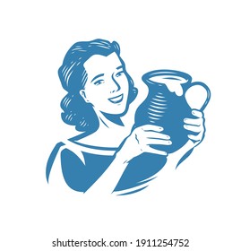 Milkmaid with jug of milk. Dairy products symbol or logo vector