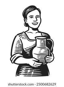 Milkmaid with jug of milk. Young woman farmer emblem. Dairy farm logo vector illustration