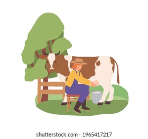 Milkmaid milking cow with bucket under udder. Farmer and domestic animal on organic farm. Dairymaid and cattle in countryside. Colored flat vector illustration of farmland worker isolated on white