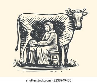 Milkmaid milking cow in field. Dairy farm concept sketch. Production of organic food and drinks based on natural milk