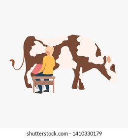 Milkmaid vector illustration. Woman milking cow. Farming concept. Illustration can be used for topics like agriculture, ranching cattle, fresh milk