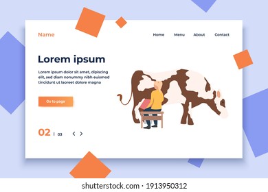 Milkmaid vector illustration. Woman milking cow. Farming concept. Illustration can be used for topics like agriculture, ranching cattle, fresh milk