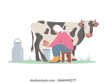 Milkmaid woman with cow and milk. Livestock farming concept, Domestic cattle animals. Female Farmer character milking cow isolated on white background. Vector illustration.