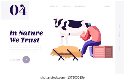 Milkmaid Woman in Uniform Milking Cow. Milk and Dairy Farmer Agriculture Products, Farming Rancher Girl Working on Animal Farm. Website Landing Page, Web Page. Cartoon Flat Vector Illustration, Banner