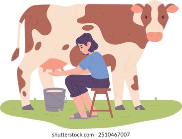 Milkmaid work illustration. Rural farm animal worker isolated on white background