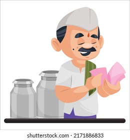 Milkman is counting the money. Vector graphic illustration. Individually on white background.	