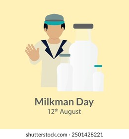 Milkman Day vector, illustration. Milkman with the bottles of cow's milk. August 12.