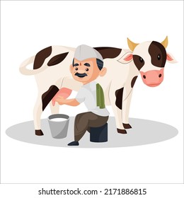 Milkman is extracting milk from the cow in bucket. Vector graphic illustration. Individually on a white background.	