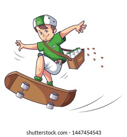 Milkman going to deliver fresh milk on skate board/ Boy doing skating cartoon. Vector illustration isolated on white background