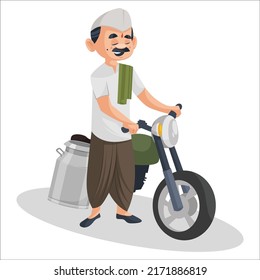 Milkman is going for selling milk on a motorbike. Vector graphic illustration. Individually on white background.	