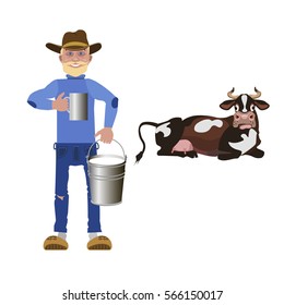Milkman holding cup and bucket with milk. Vector illustration
