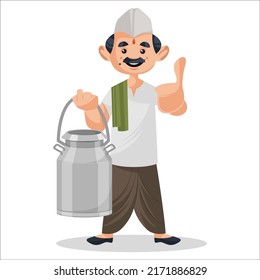 Milkman holding milk can in hand and showing thumbs up. Vector graphic illustration. Individually on white background.