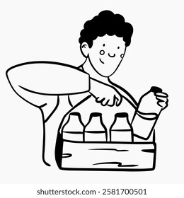 Milkman with milk crate in doodle hand drawn style, farmer, dairy farm