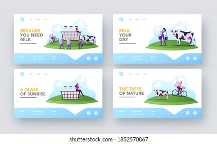 Milkman Work Landing Page Template Set. Characters Working on Animal Farm Milking Cow or Delivering Dairy Production to Customers. Tiny People at Huge Basket with Milk. Cartoon Vector Illustration