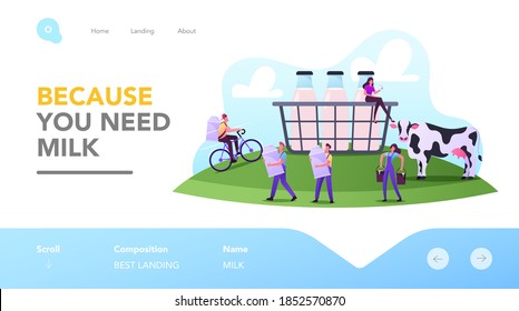 Milkman Work Landing Page Template. Characters Working on Animal Farm Milking Cow or Delivering Dairy Production to Customers. Tiny People at Huge Basket with Milk Bottles. Cartoon Vector Illustration