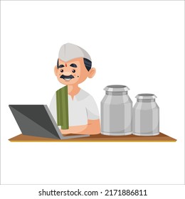 Milkman is working on the laptop. Vector graphic illustration. Individually on white background.	