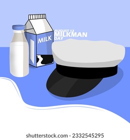 Milkman's hat with a box of cow's milk and a bottle of milk, with bold text to celebrate Milkman's Day on August 12th