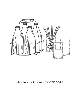 Milchkorb mit Vollflaschen Milch, Milchbrillen und Glasstroh im Stil der Kunst