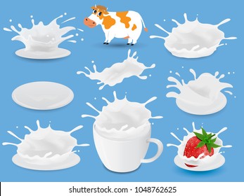 Milk.Natural dairy products. 3d vector object set.Set of splashing and pouring milk.