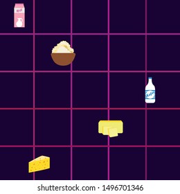 Milks, kefir, cottage, cheese, butter, cheese. Vector illustration of dairy products.