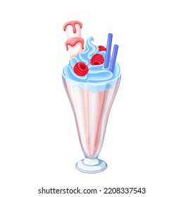 Milkshake with berry vector illustration. Cartoon isolated pink milk drink with whipped blue cream, juicy raspberry decor and drinking straw in glass cone cup, smoothie and summer food for refreshment